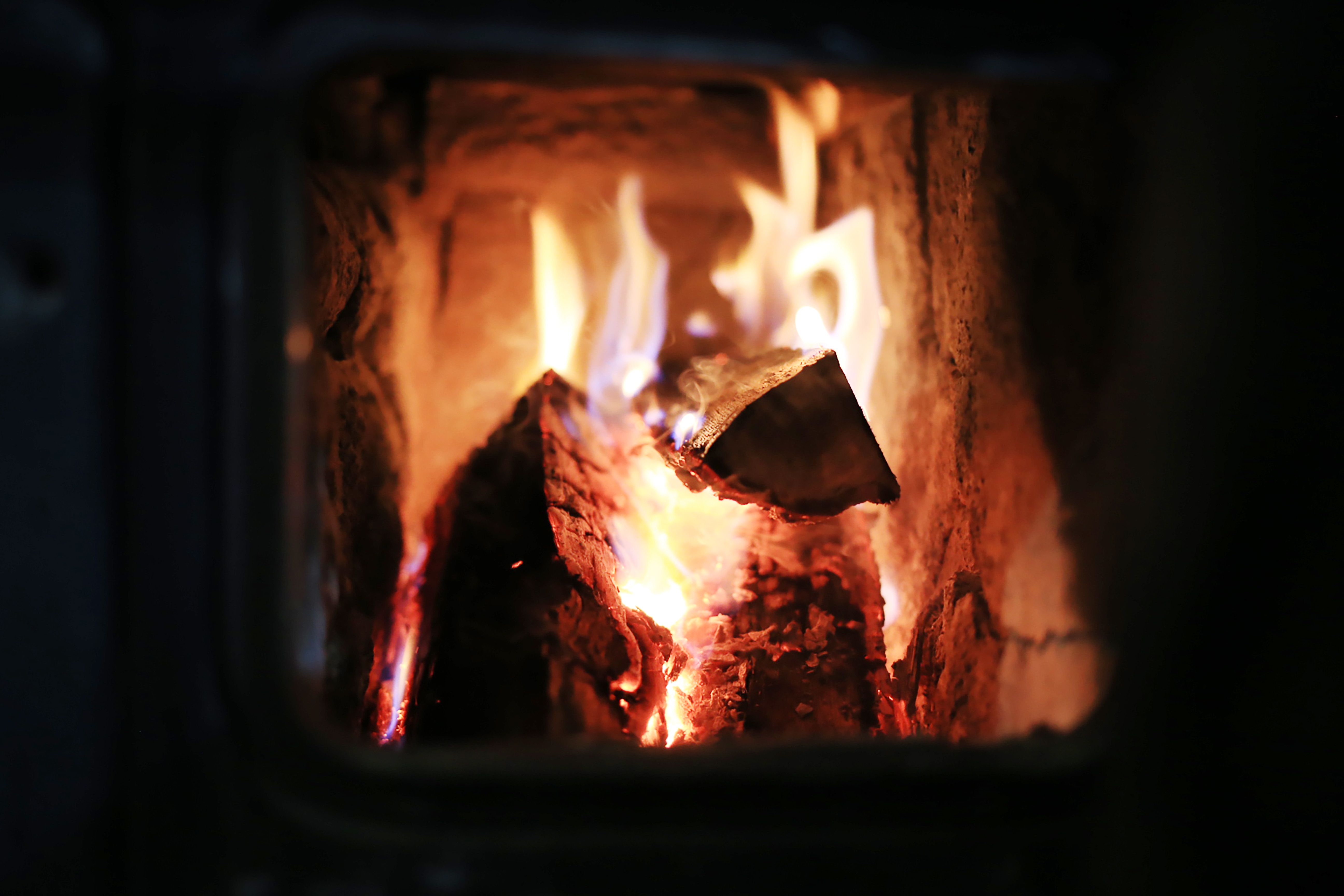 A winter fire burning in the fireplace 